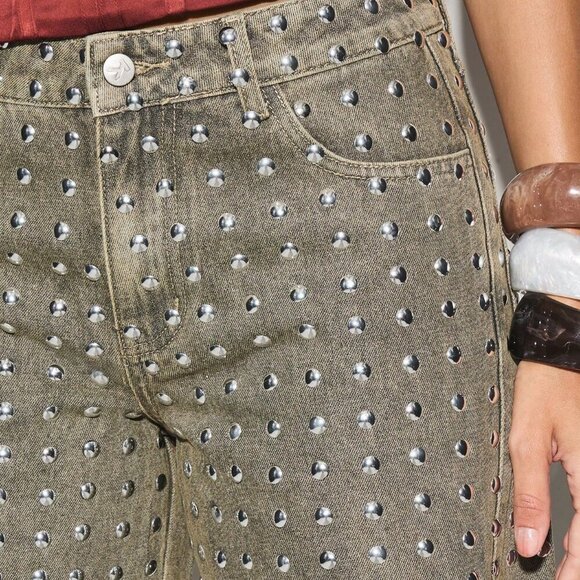 Women's Wide Leg Metallic Studded jean Bottoms Pants - Picture 4 of 5